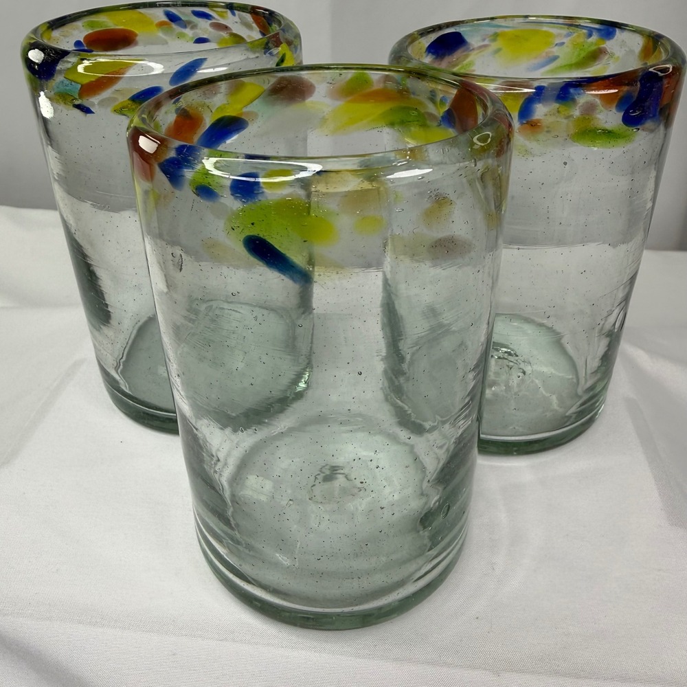 Mexican Hand Blown Confetti Rim Drinking Glasses Set of 3 Recycled Glass 5.25in